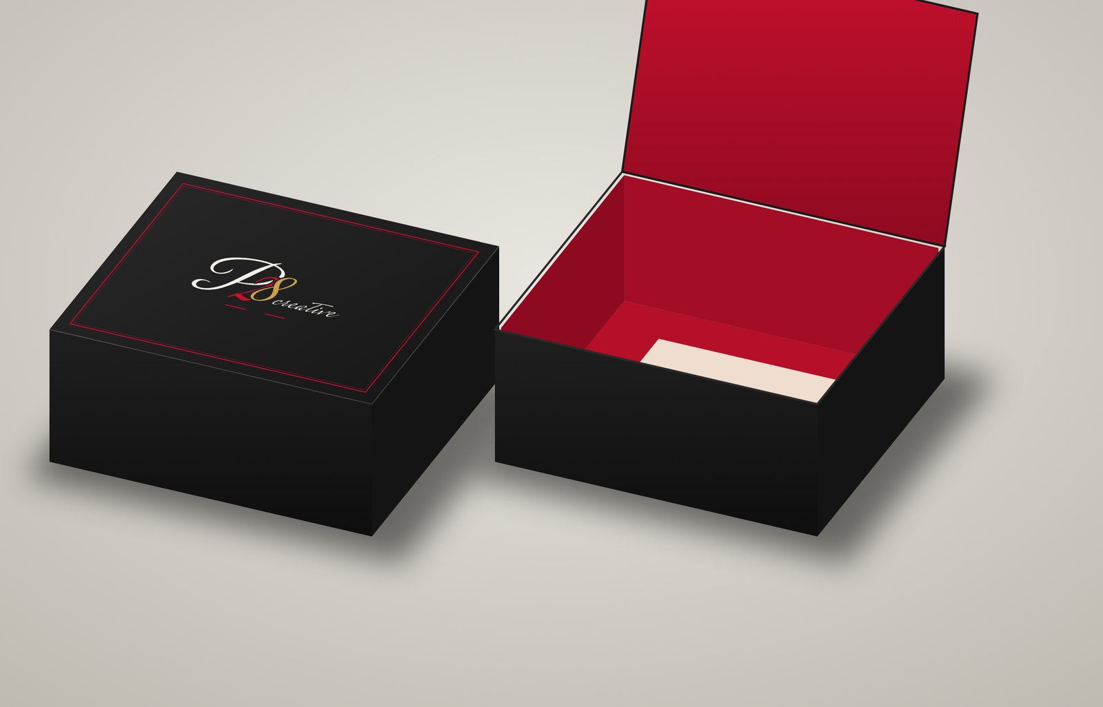 Caja negro mate P28 cerrada y abierta con interior rojo