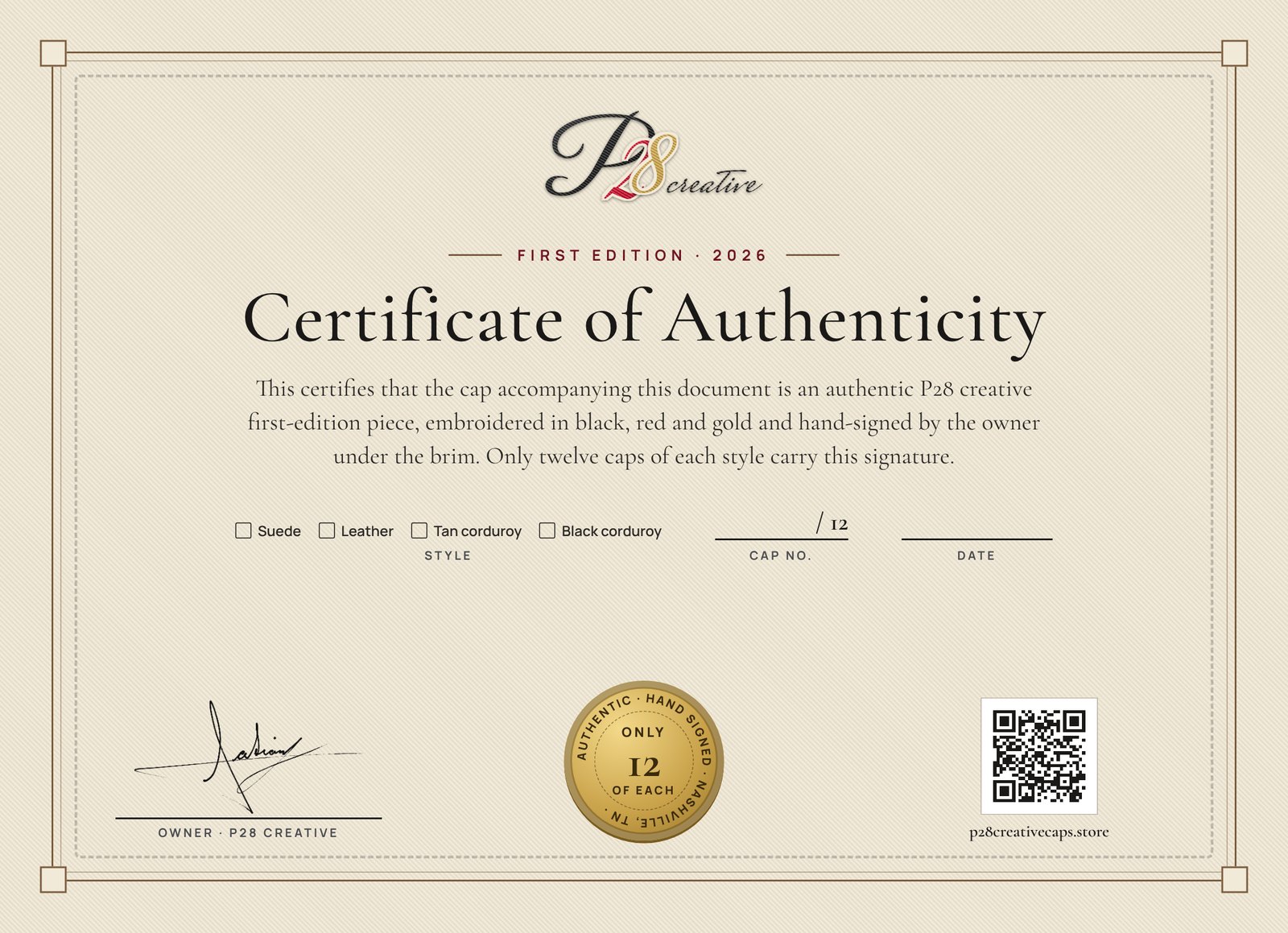 Certificado de autenticidad P28 creative