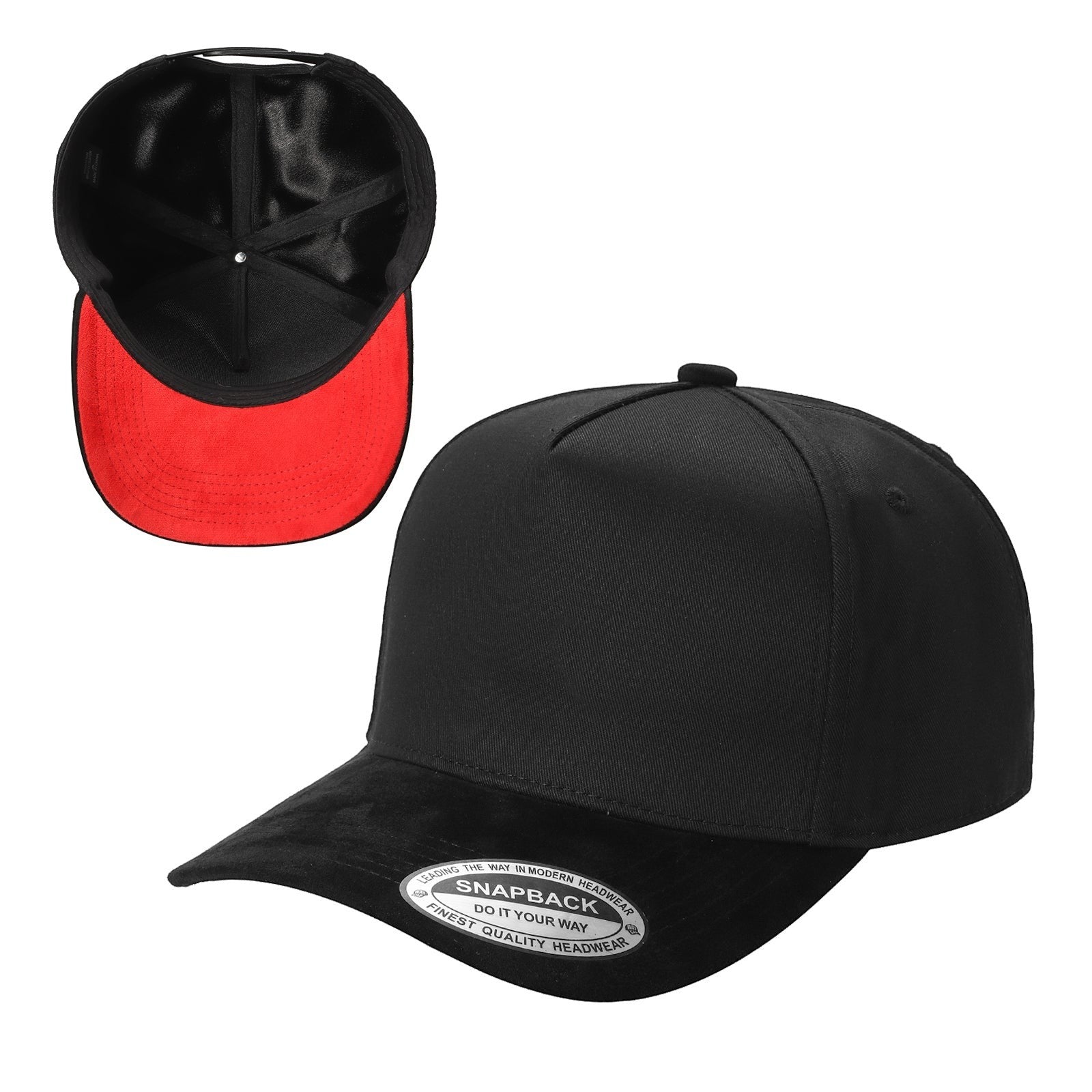 Gorra negra con visera de gamuza y forro rojo con el logo P28 creative bordado en el costado