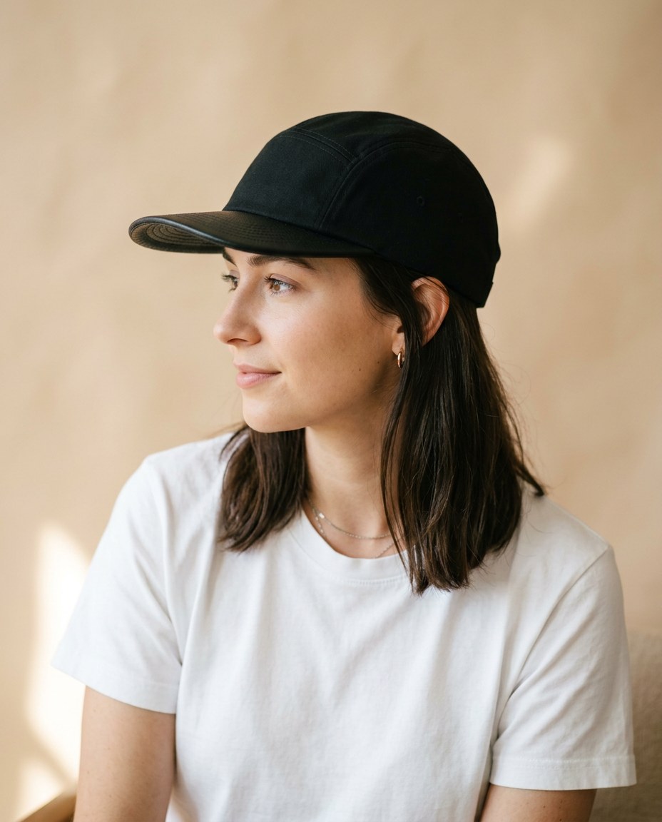 Mujer de perfil con la gorra negra de visera de piel, con el logo P28 creative bordado en el costado