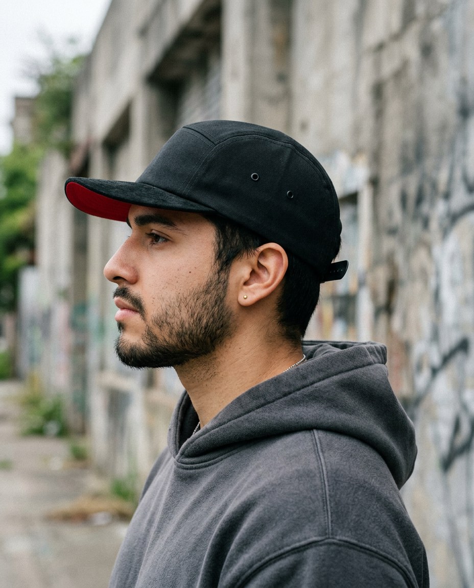 Hombre de perfil con la gorra negra de gamuza y forro rojo, con el logo P28 creative bordado en el costado