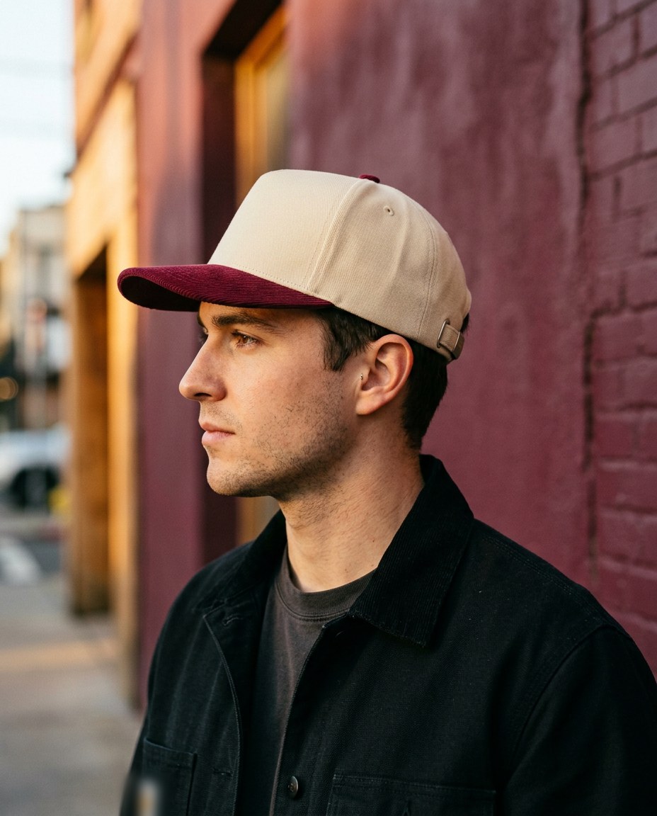Hombre de perfil con la gorra tan de visera de pana vino, con el logo P28 creative bordado en el costado