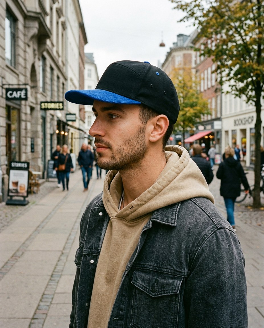 Hombre de perfil con la gorra negra de visera de pana azul rey, con el logo P28 creative bordado en el costado