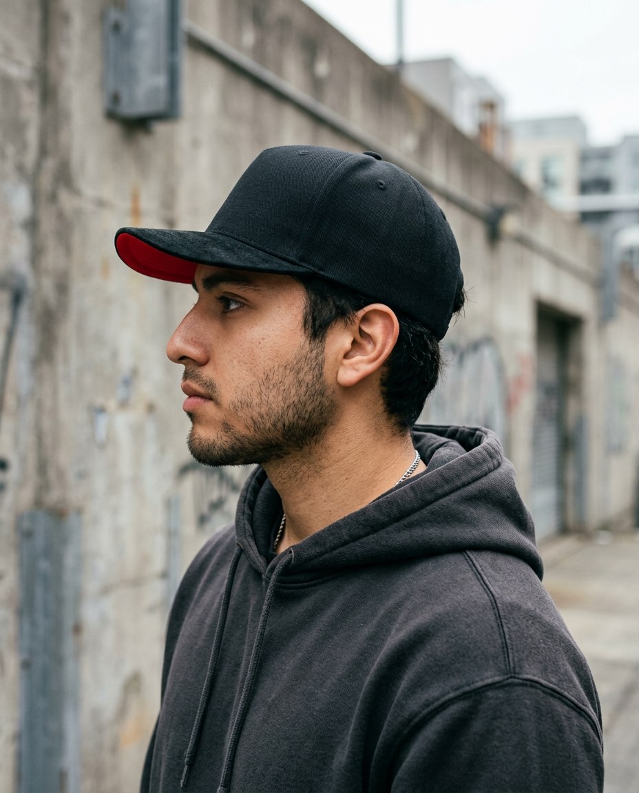 Hombre de perfil con la gorra negra de gamuza y forro rojo, con el logo P28 creative bordado en el costado